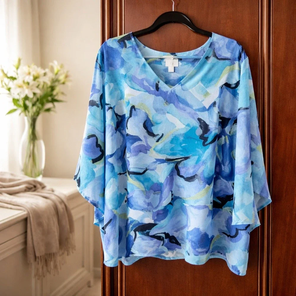 Belle Kim Gravel 1X Blue Watercolor Floral Chiffon V-Neck Dolman Sleeve Blouse - Picture 3 of 9